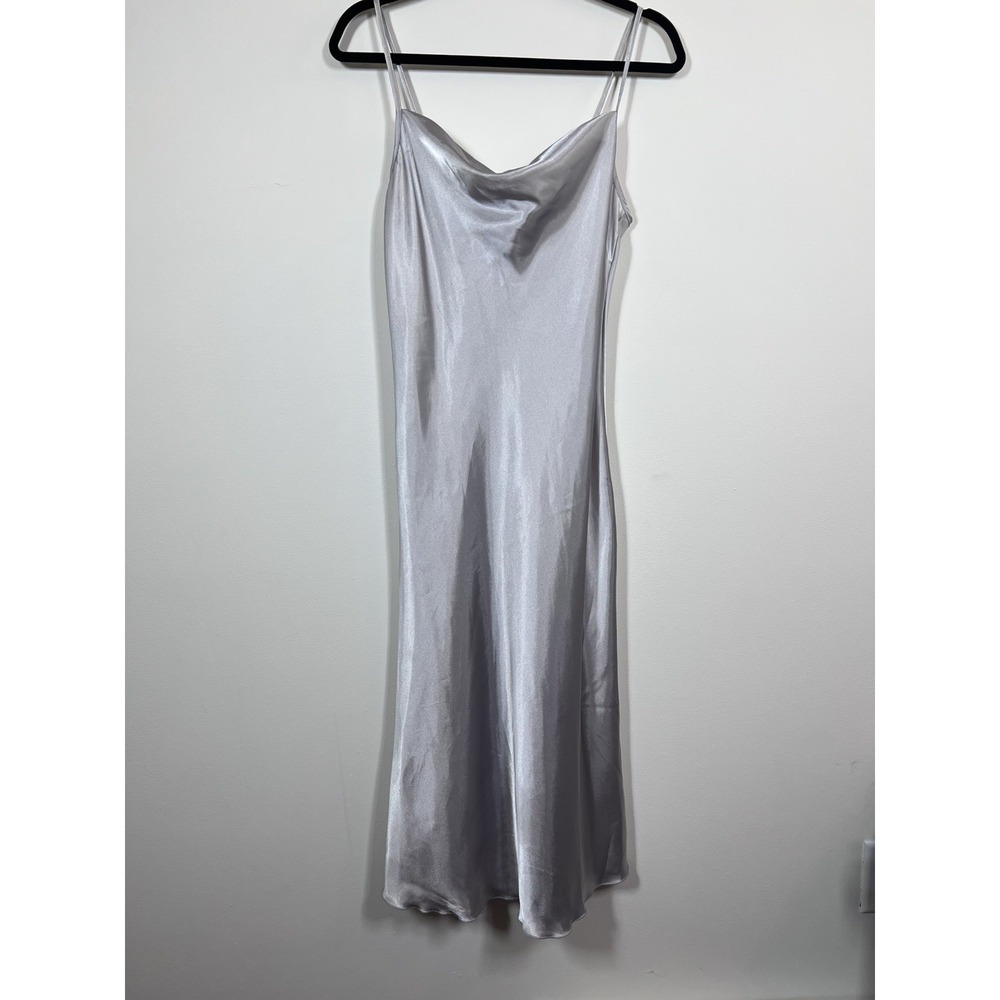 Bebe Silver Satin Slip Dress S Y2K 90s  Cowl Neck Midi Glam Minimalist